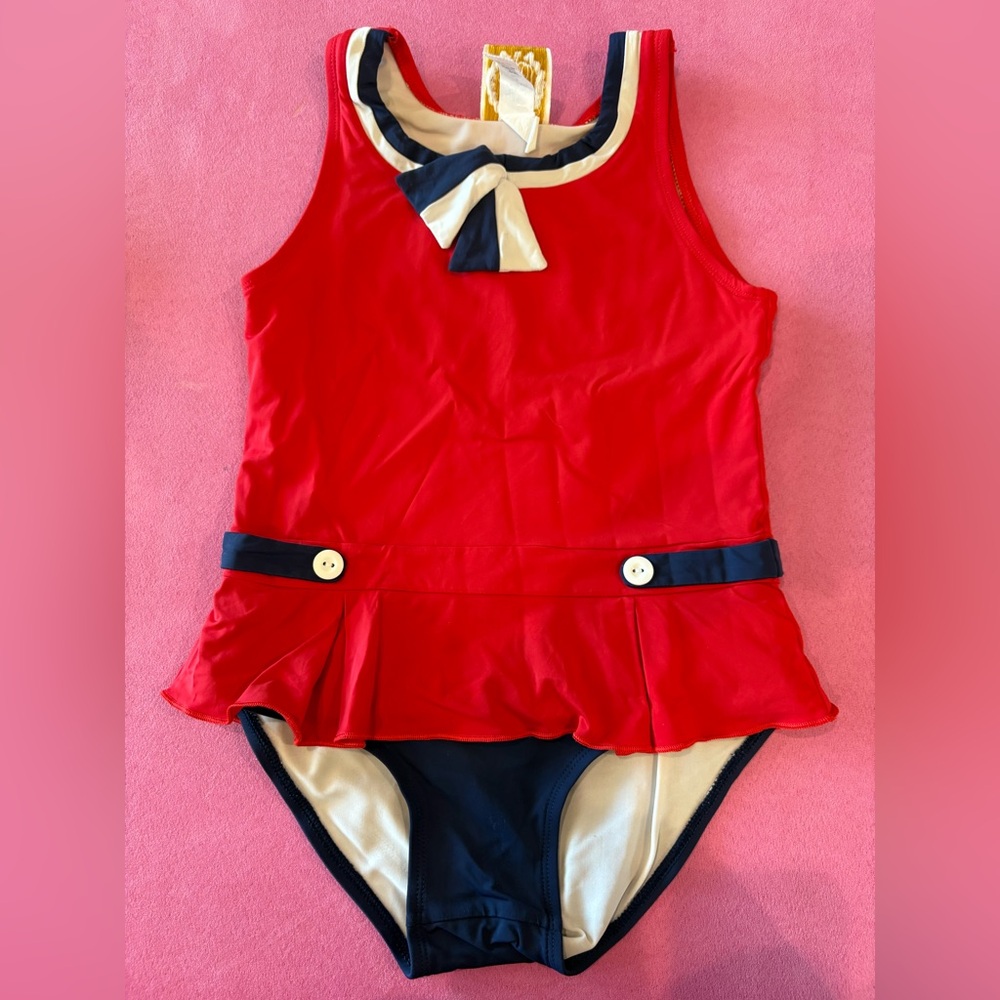 The Beaufort Bonnet Company Red Navy One-Piece Girls Swim Suit